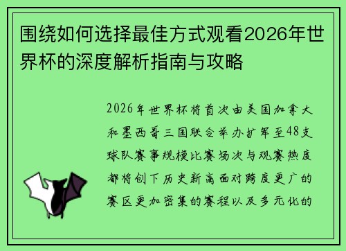 围绕如何选择最佳方式观看2026年世界杯的深度解析指南与攻略
